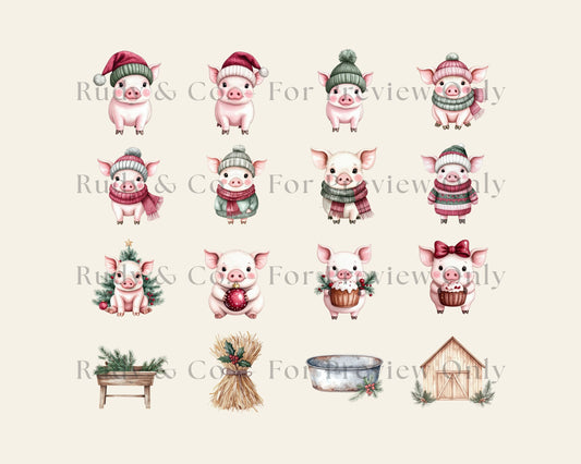 Winter Pigs Clip Art Set — Cozy Cottage Christmas Collection