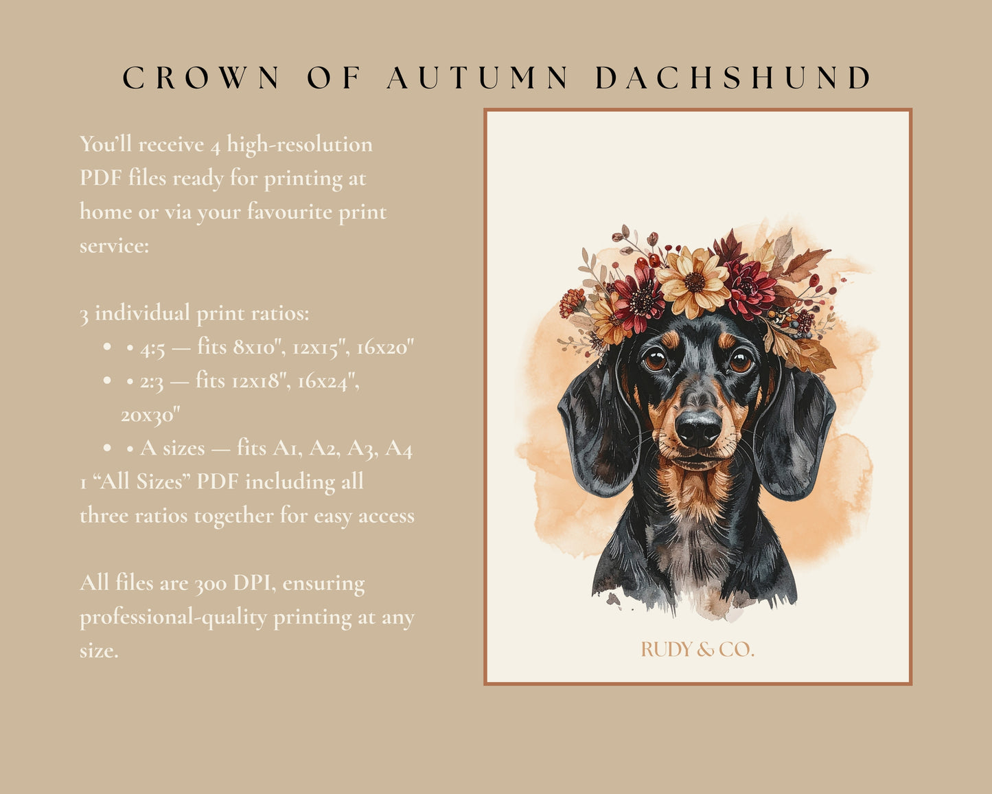 Autumn Flower Crown Dachshund Digital Wall Art Print | Fall Dog Portrait | Cozy Rustic Pet Décor | Dog Lover Gift | Rudy & Co.