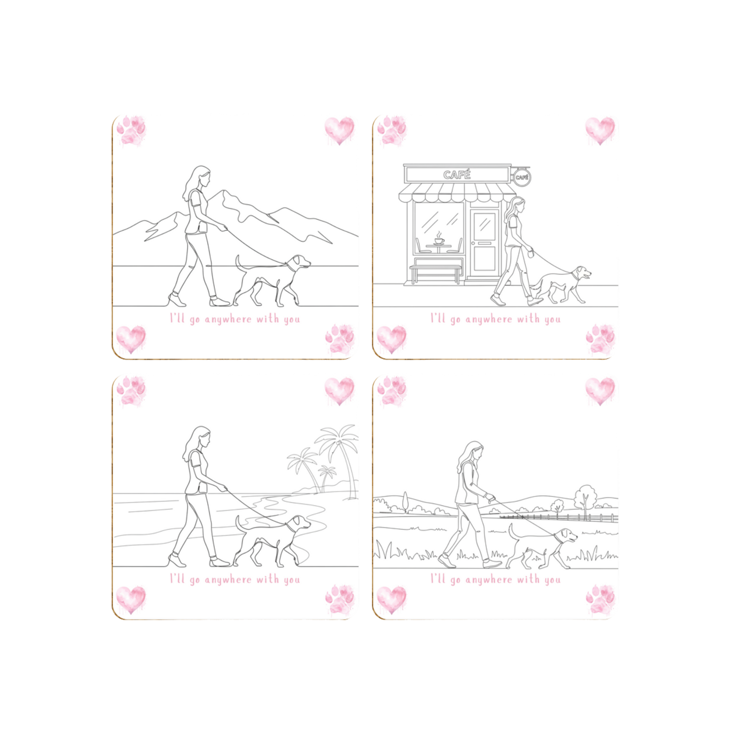 Valentine’s Dog Coaster Set – I’ll Go Anywhere With You – Pack of 4