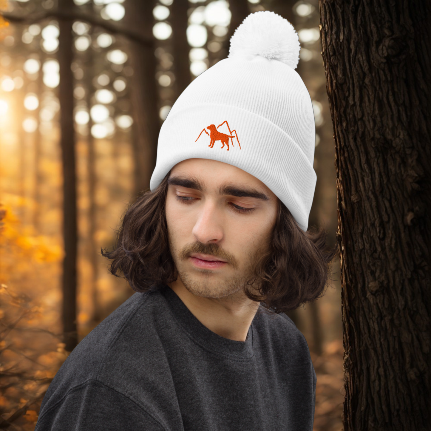 Rudy & Co. Signature Pom Pom Beanie – Orange Embroidery