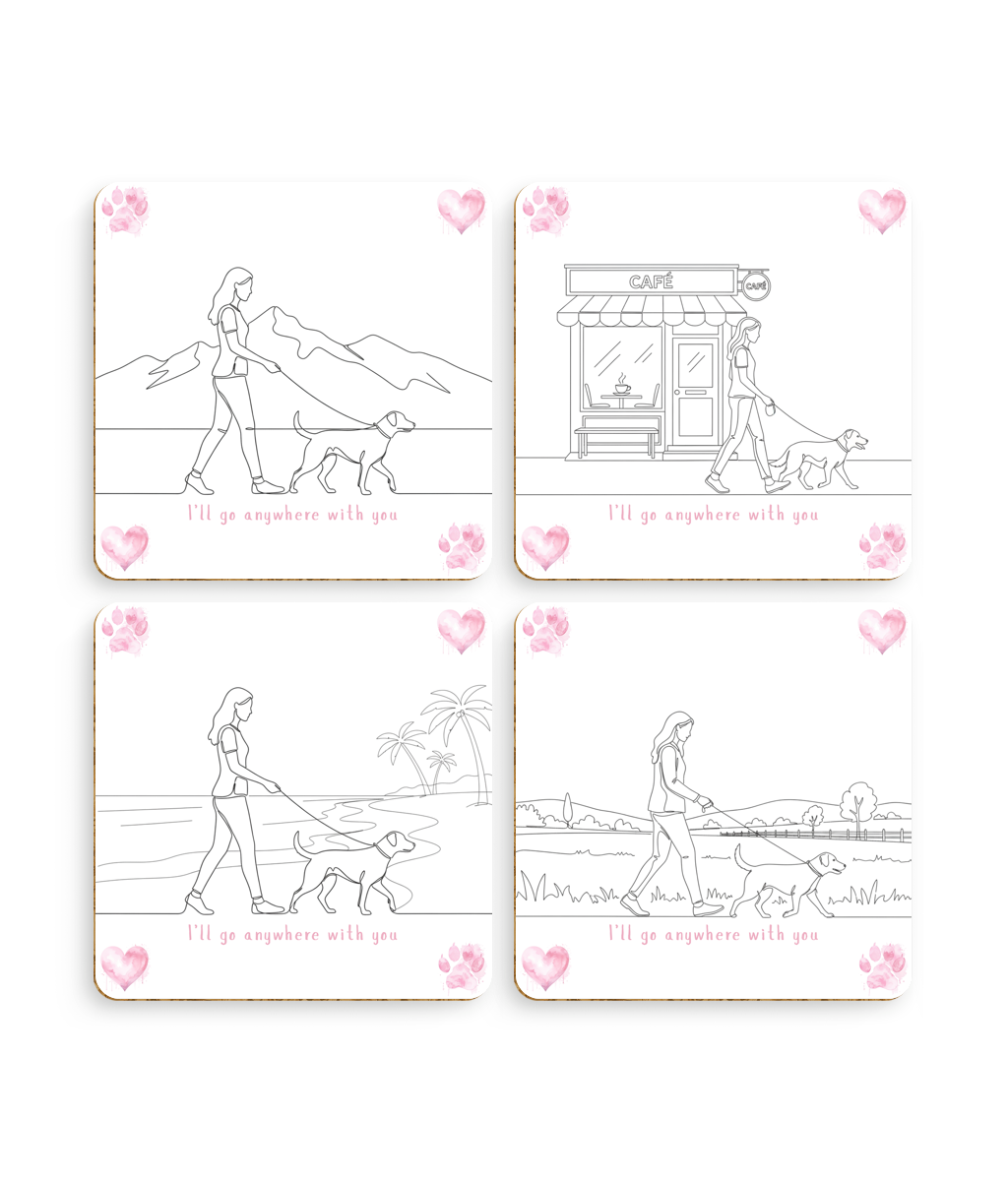 Valentine’s Dog Coaster Set – I’ll Go Anywhere With You – Pack of 4