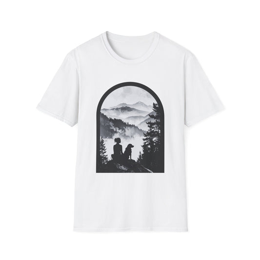 Woman and Dog Mountain View T-Shirt – Outdoor Adventure Design