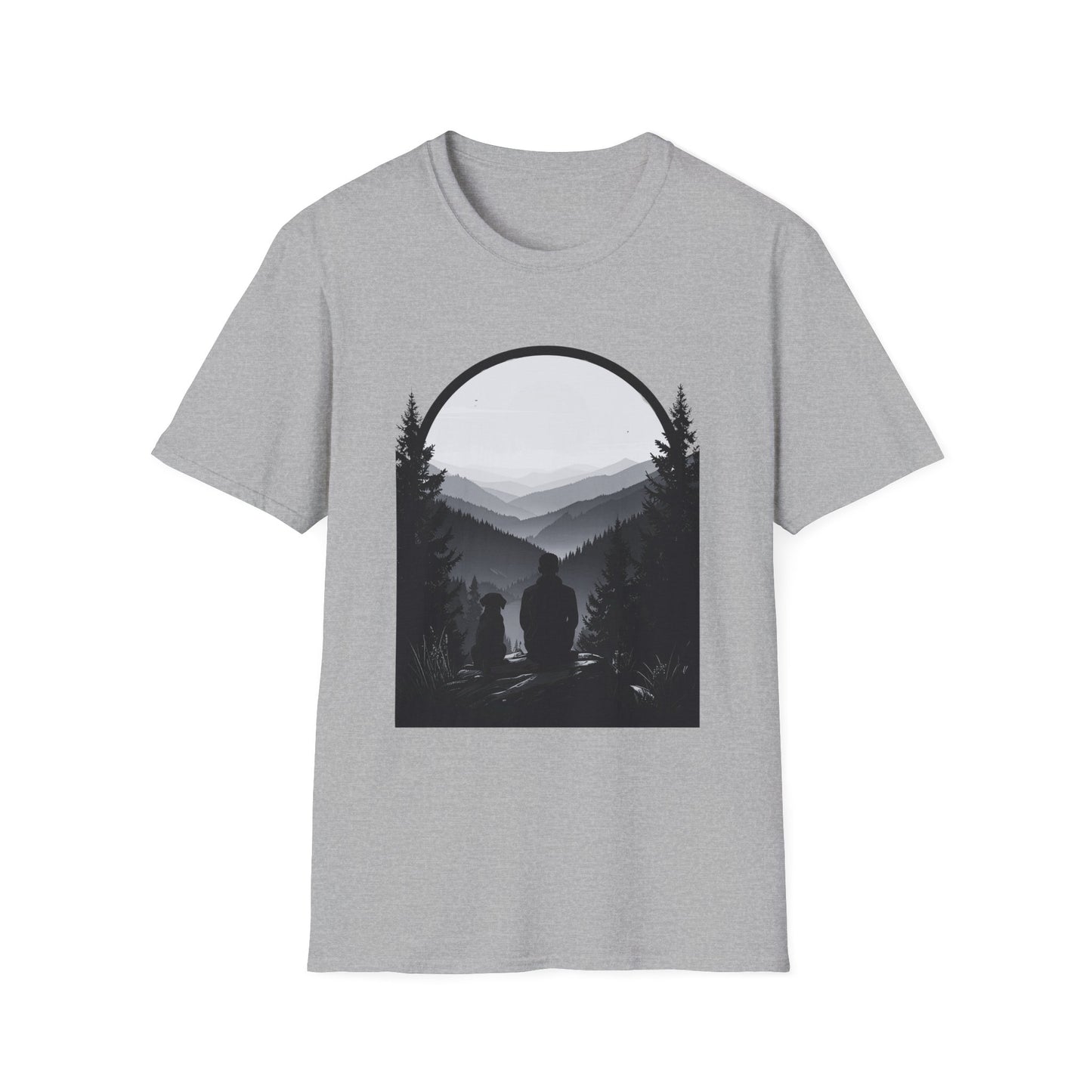 Man and Dog Mountain View T-Shirt – Outdoor Adventure Design