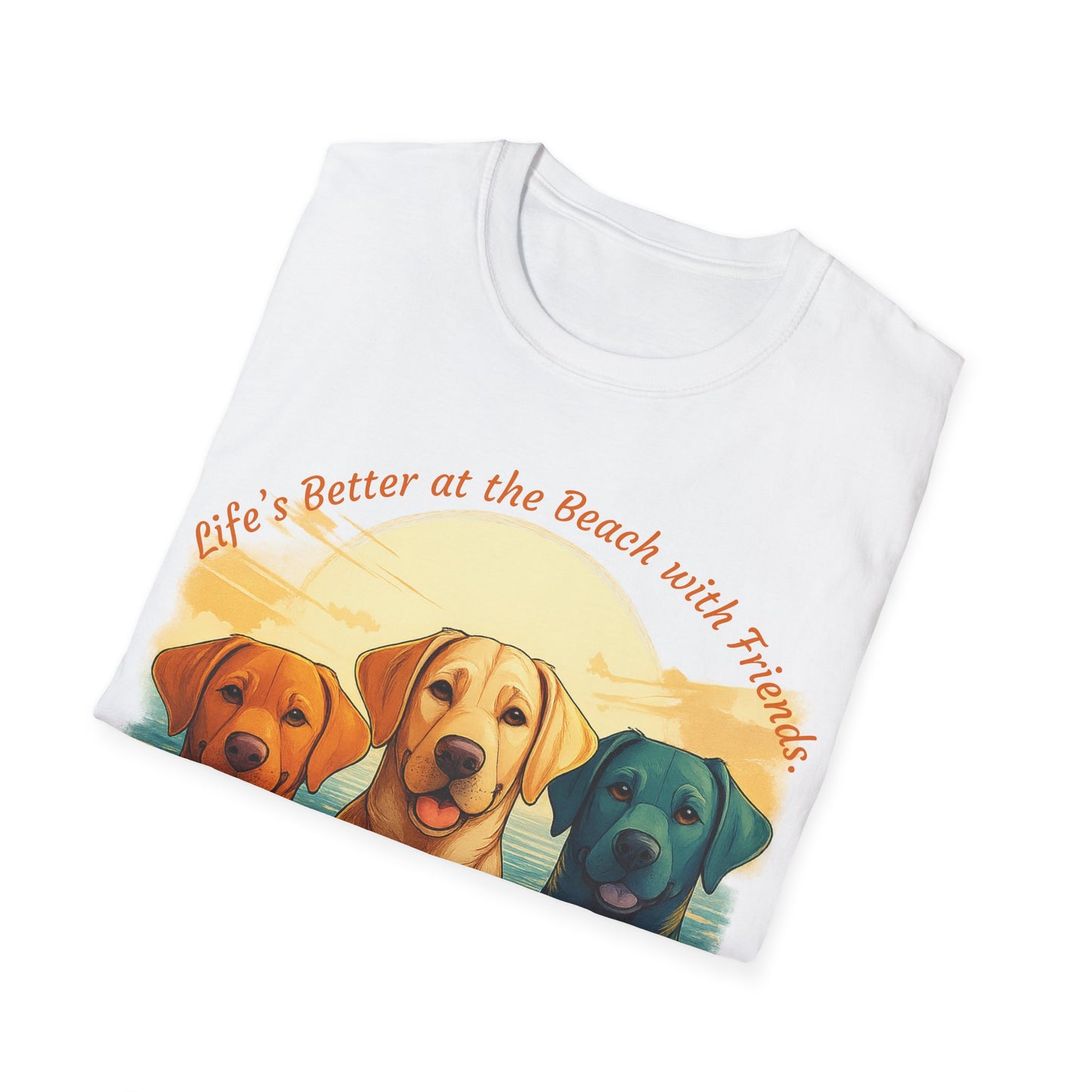 Life’s Better at the Beach with Friends – Labrador Trio Graphic Tee, 100% Cotton, Unisex Fit