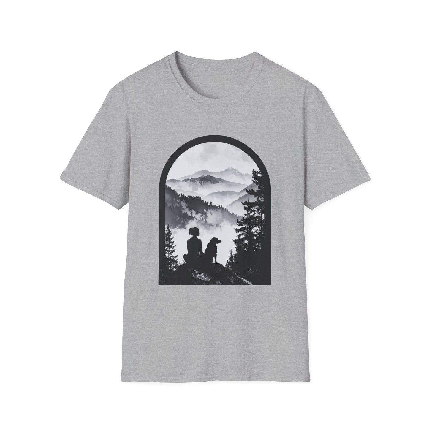 Woman and Dog Mountain View T-Shirt – Outdoor Adventure Design