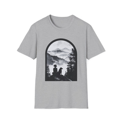 Woman and Dog Mountain View T-Shirt – Outdoor Adventure Design