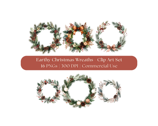 Earthy Christmas Wreaths - Clip Art Set