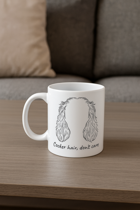 Funny Cocker Spaniel Mug – “Cocker hair, don’t care” – Dog Lover Gift, Humorous Coffee Cup