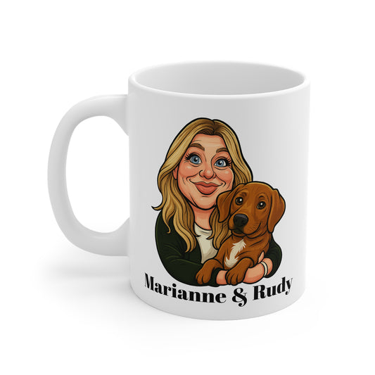 Personalised Caricature Mug – Custom Pet & Owner Portrait with Name or Message