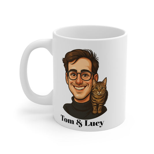 Personalised Caricature Mug – Custom Pet & Owner Portrait with Name or Message