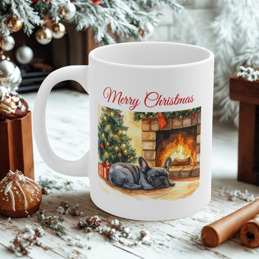 Merry Christmas Blue French Bulldog Mug – Cozy Fireplace & Tree Design