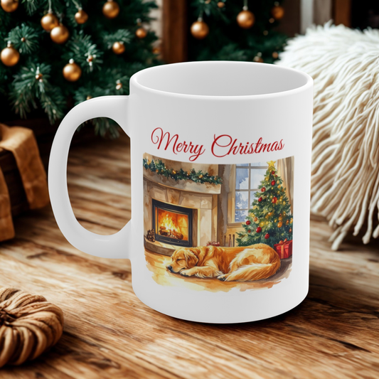Merry Christmas Golden Retriever Mug – Cozy Fireplace & Tree Design