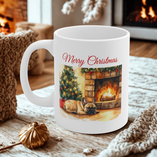 Merry Christmas Fawn French Bulldog Mug – Cozy Fireplace & Tree Design
