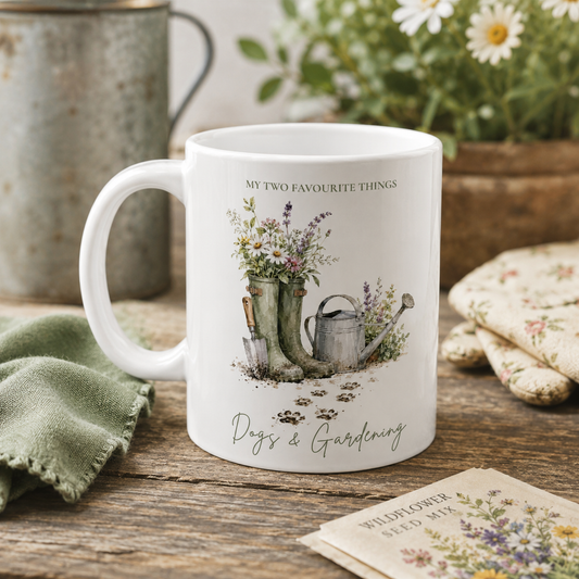 My Two Favourite Things: Dogs & Gardening Mug – Watercolour Wellies & Wildflowers Design