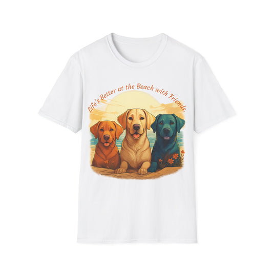Life’s Better at the Beach with Friends – Labrador Trio Graphic Tee, 100% Cotton, Unisex Fit