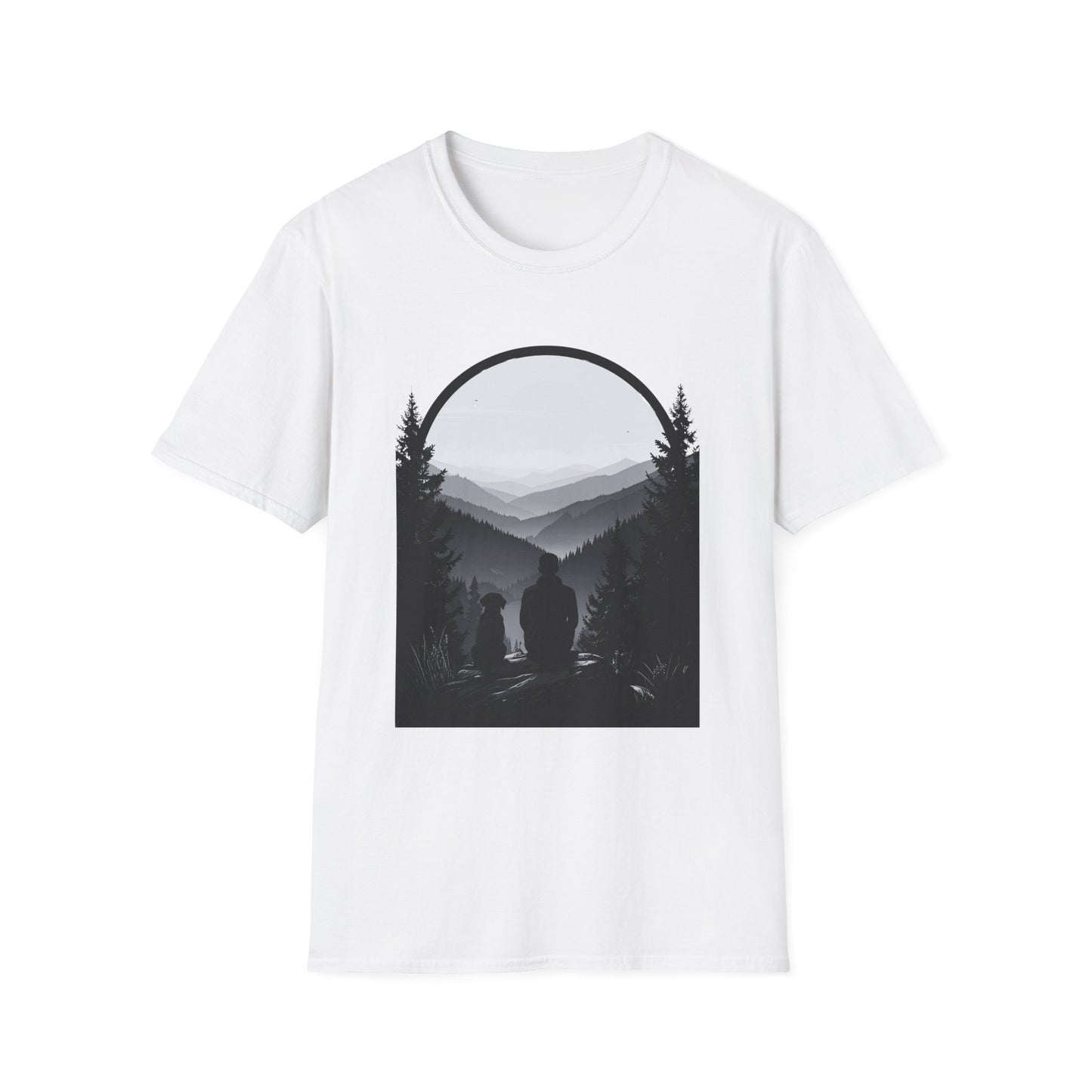 Man and Dog Mountain View T-Shirt – Outdoor Adventure Design