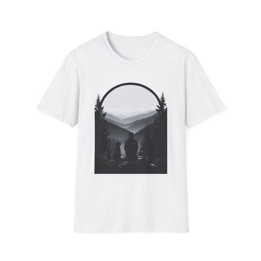 Man and Dog Mountain View T-Shirt – Outdoor Adventure Design