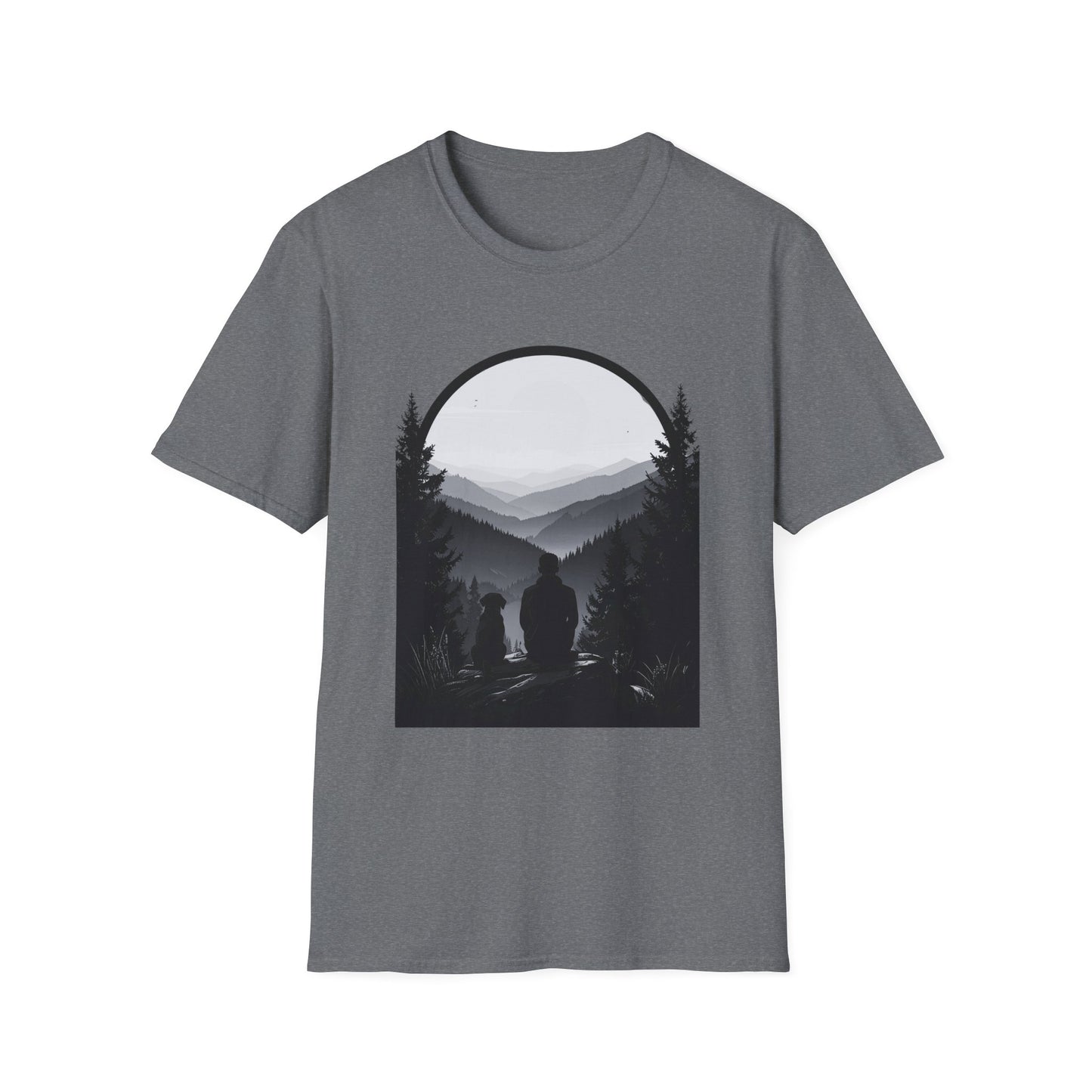Man and Dog Mountain View T-Shirt – Outdoor Adventure Design