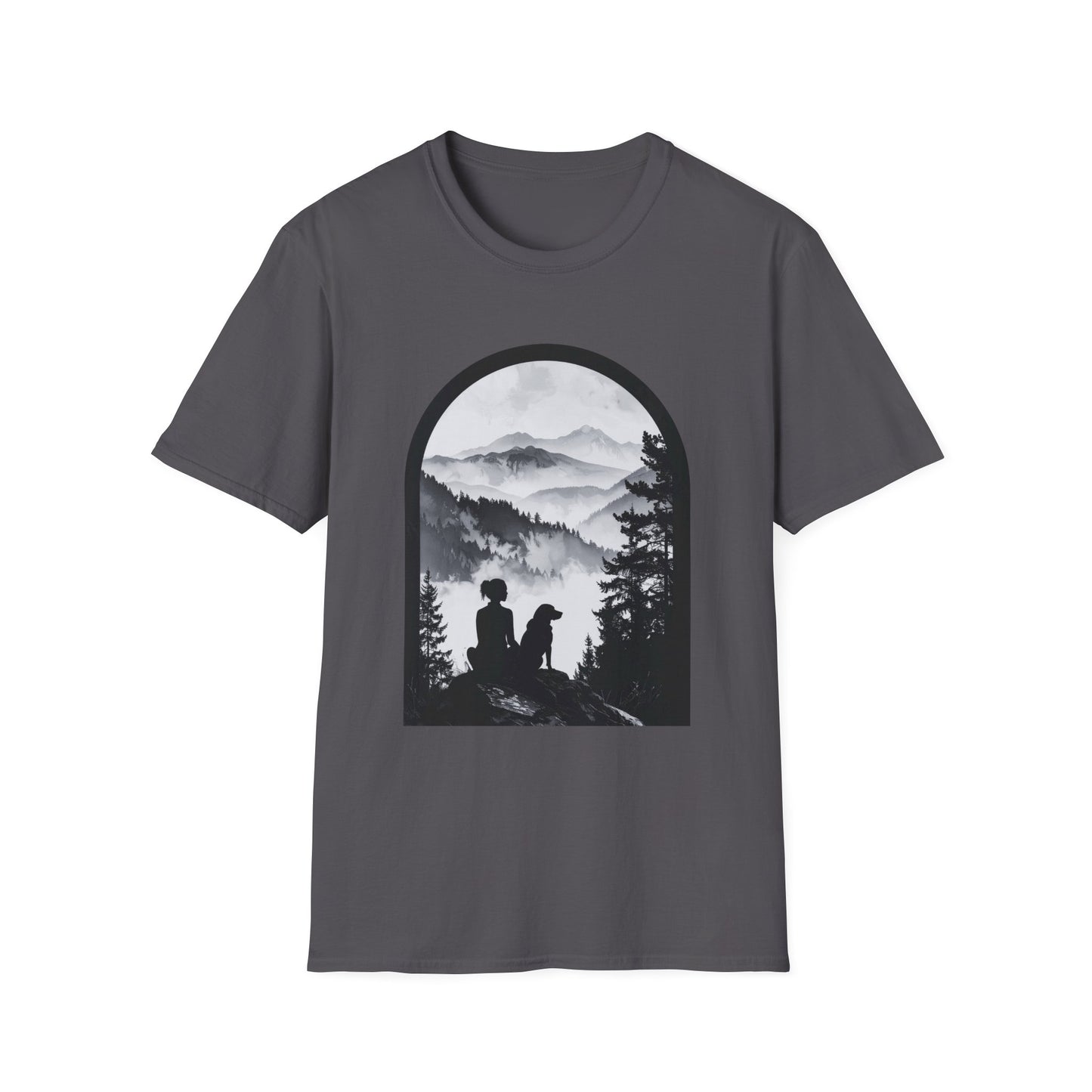 Woman and Dog Mountain View T-Shirt – Outdoor Adventure Design