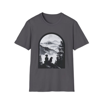 Woman and Dog Mountain View T-Shirt – Outdoor Adventure Design