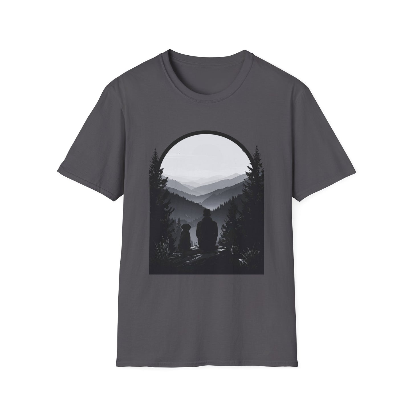 Man and Dog Mountain View T-Shirt – Outdoor Adventure Design