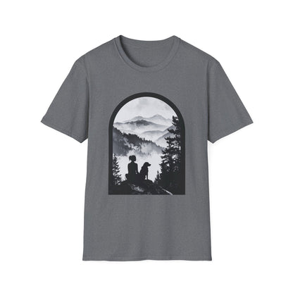 Woman and Dog Mountain View T-Shirt – Outdoor Adventure Design