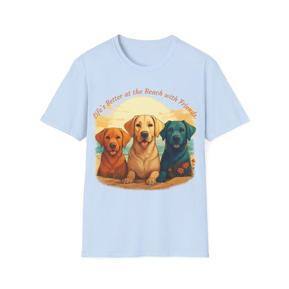 Life’s Better at the Beach with Friends – Labrador Trio Graphic Tee, 100% Cotton, Unisex Fit