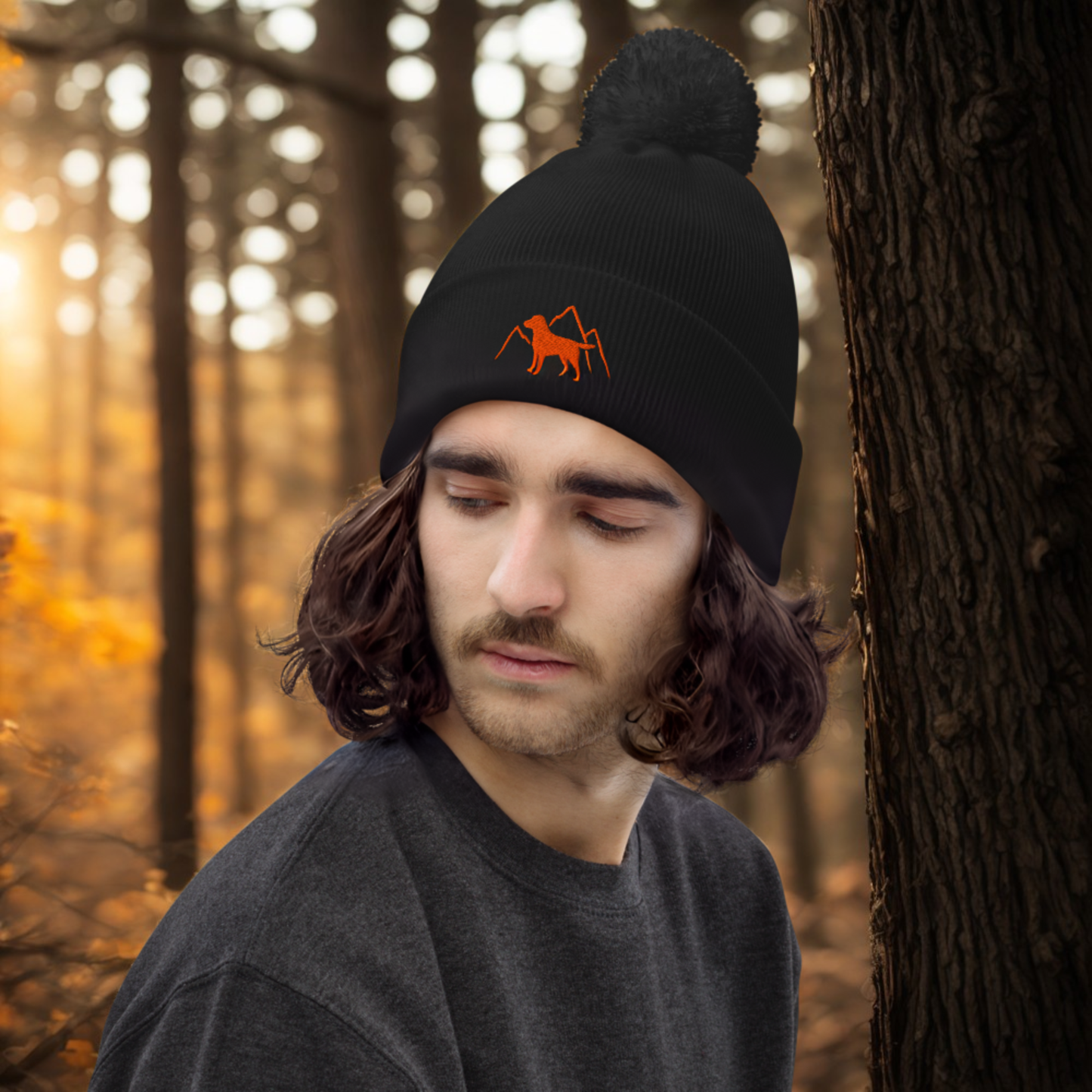 Rudy & Co. Signature Pom Pom Beanie – Orange Embroidery