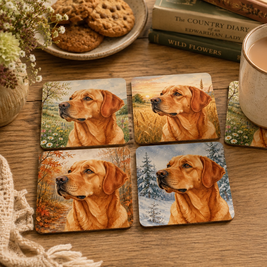 Fox Red Labrador Four Seasons Coaster Set | Pack of 4 Cork Backed Coasters