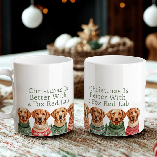 Fox red Labrador Christmas mug watercolour design, Dog Christmas mug with fox red labs in sweaters, Labrador dog lover gift mug watercolour style