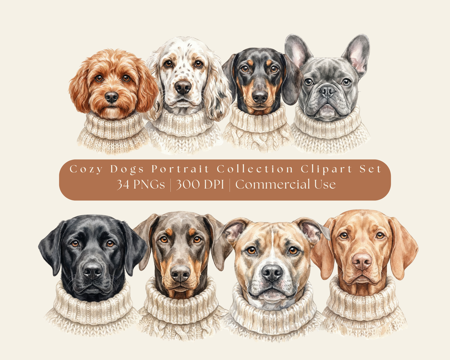 Cozy Dogs Portrait Collection Clip Art - 34 PNGs