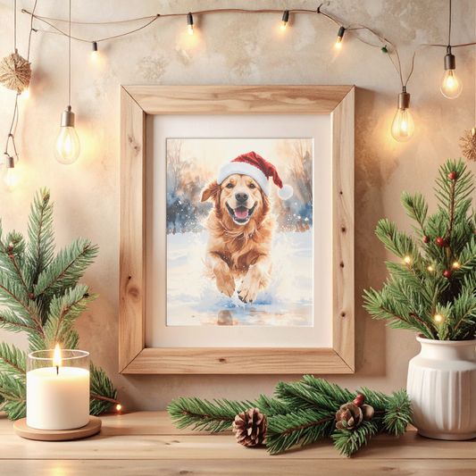 Festive Dash – Golden Retriever Christmas Digital Art Print