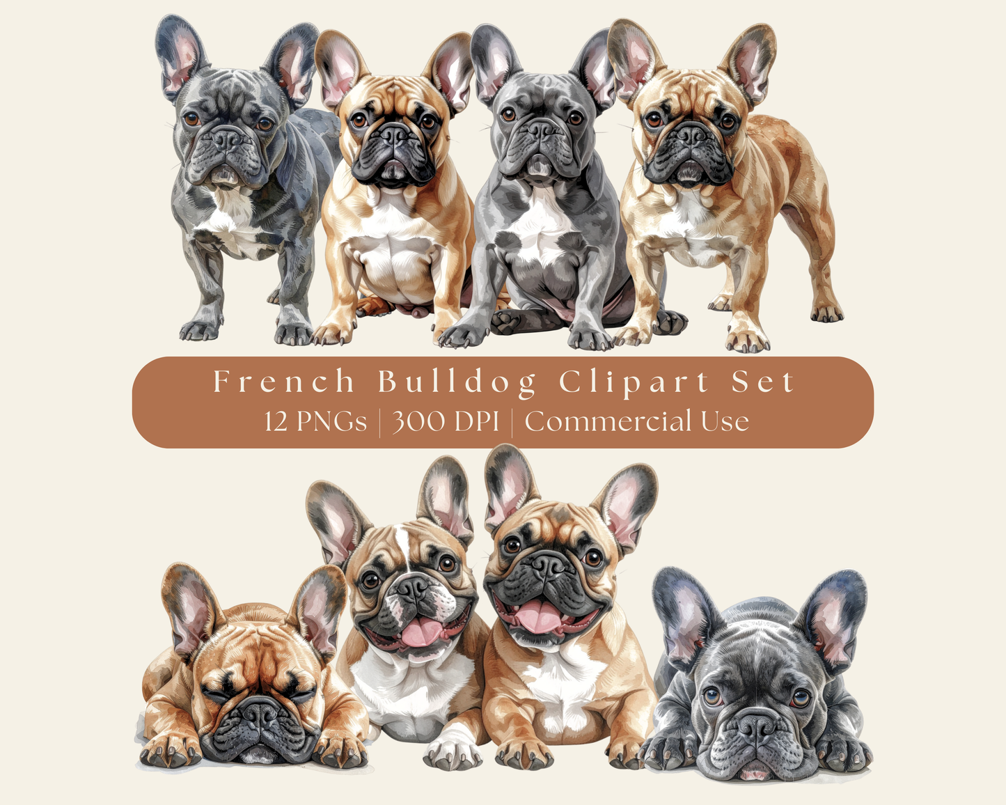 French Bulldog Clipart Set - 12 PNGS