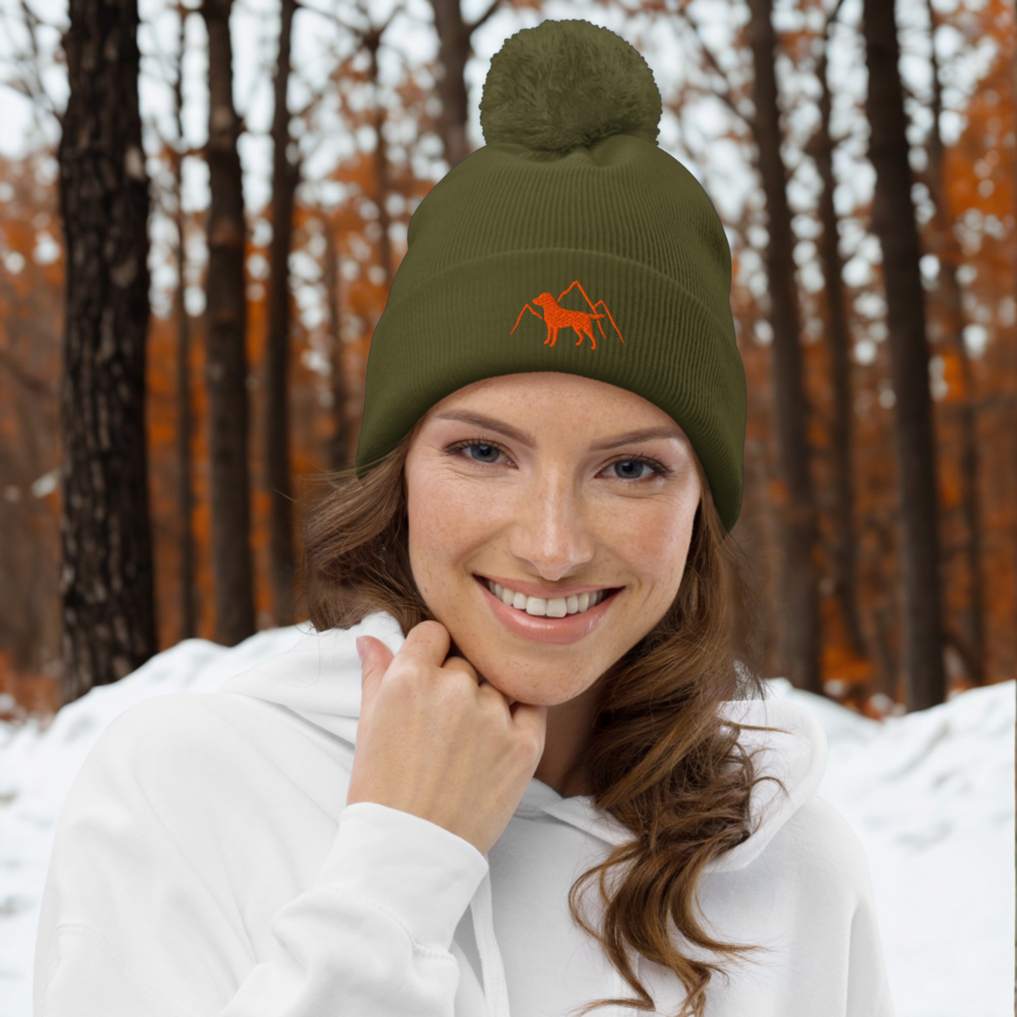 Rudy & Co. Signature Pom Pom Beanie – Orange Embroidery