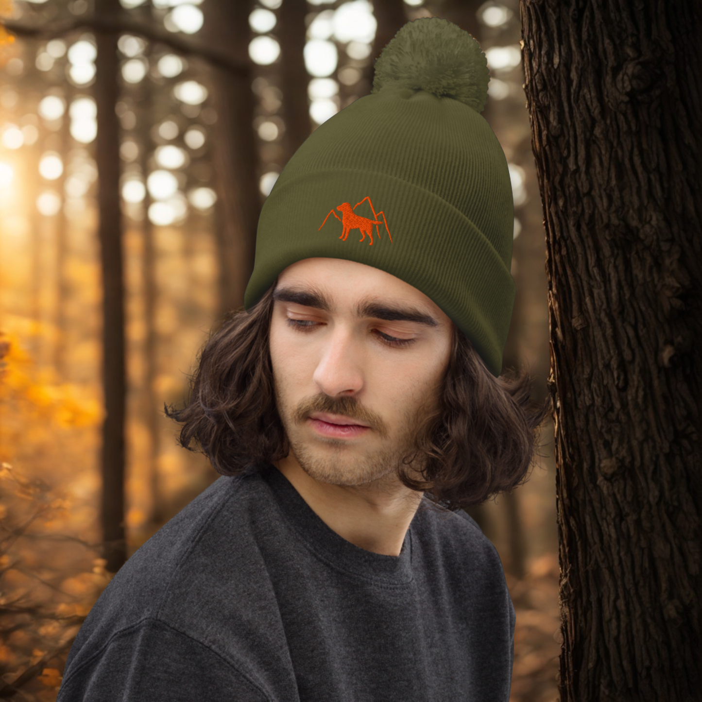 Rudy & Co. Signature Pom Pom Beanie – Orange Embroidery