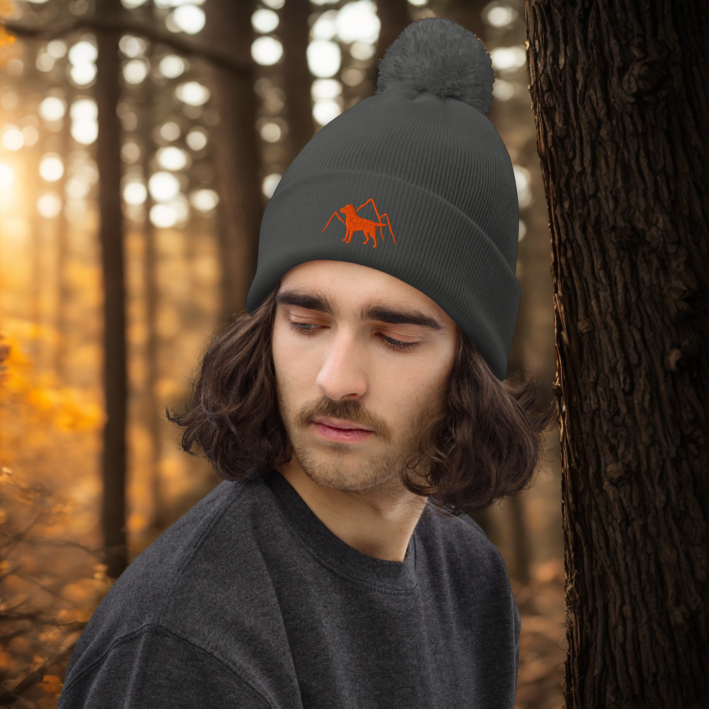 Rudy & Co. Signature Pom Pom Beanie – Orange Embroidery