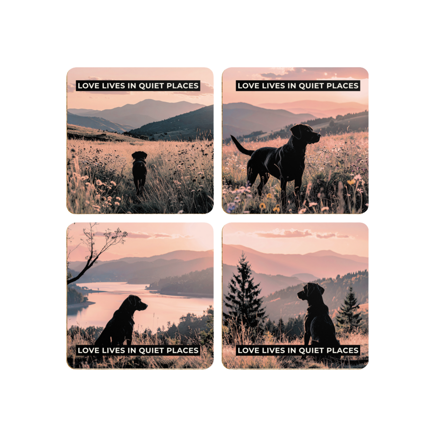 Love Lives in Quiet Places – Sunset Dog Photography Coaster Set (Pack of 4)