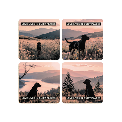 Love Lives in Quiet Places – Sunset Dog Photography Coaster Set (Pack of 4)