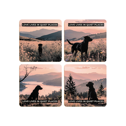 Love Lives in Quiet Places – Sunset Dog Photography Coaster Set (Pack of 4)