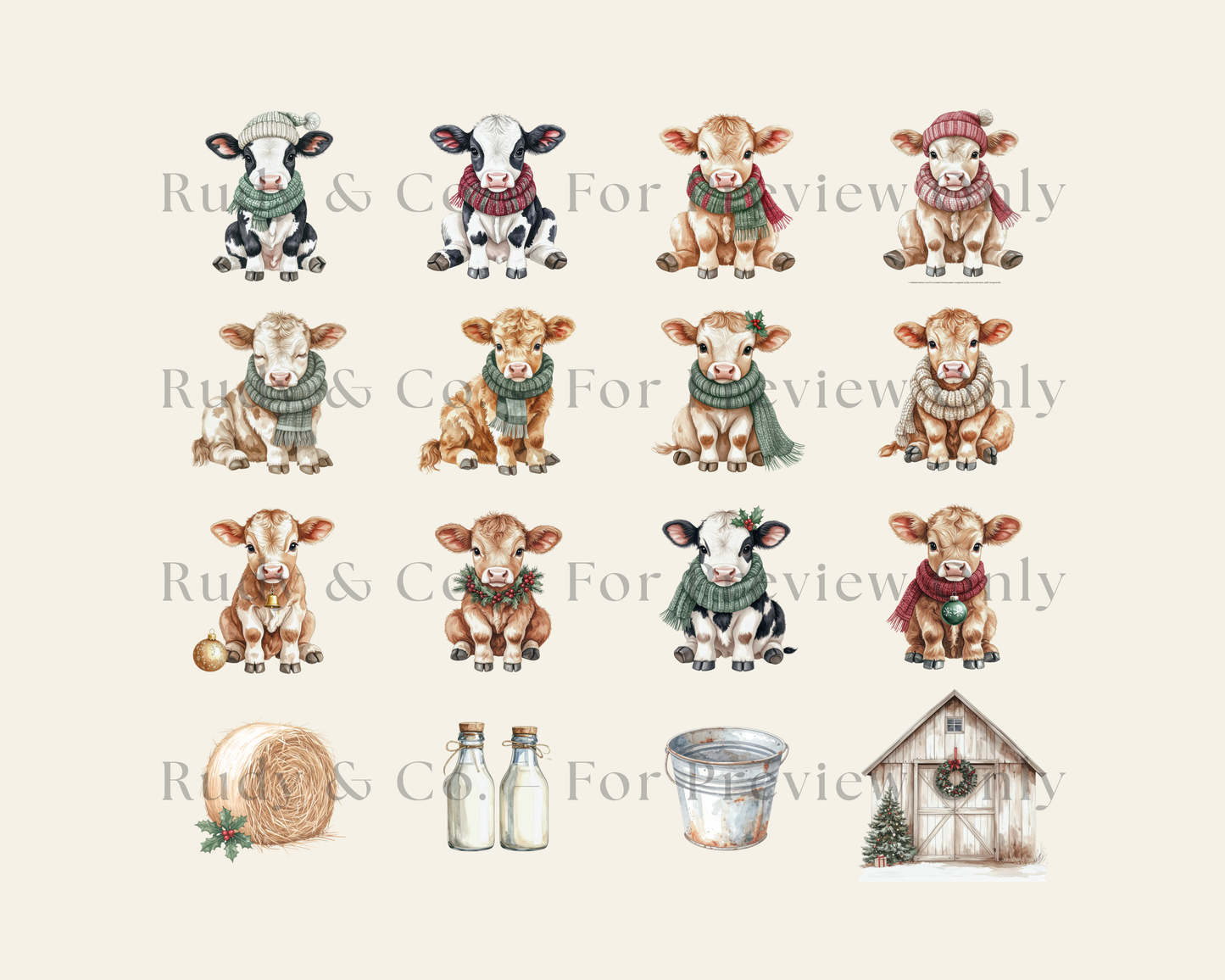 Winter Cows Clip Art Set — Cozy Cottage Christmas Collection