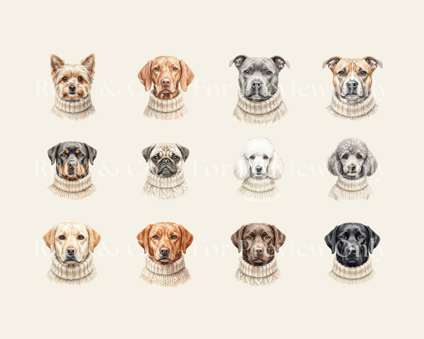 Cozy Dogs Portrait Collection Clip Art - 34 PNGs