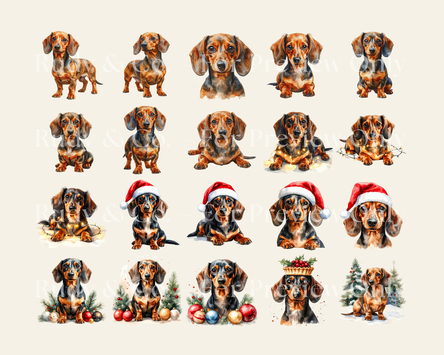 Christmas Dachshund Mega Clipart Bundle – 50 Watercolour PNGs (Instant Download)