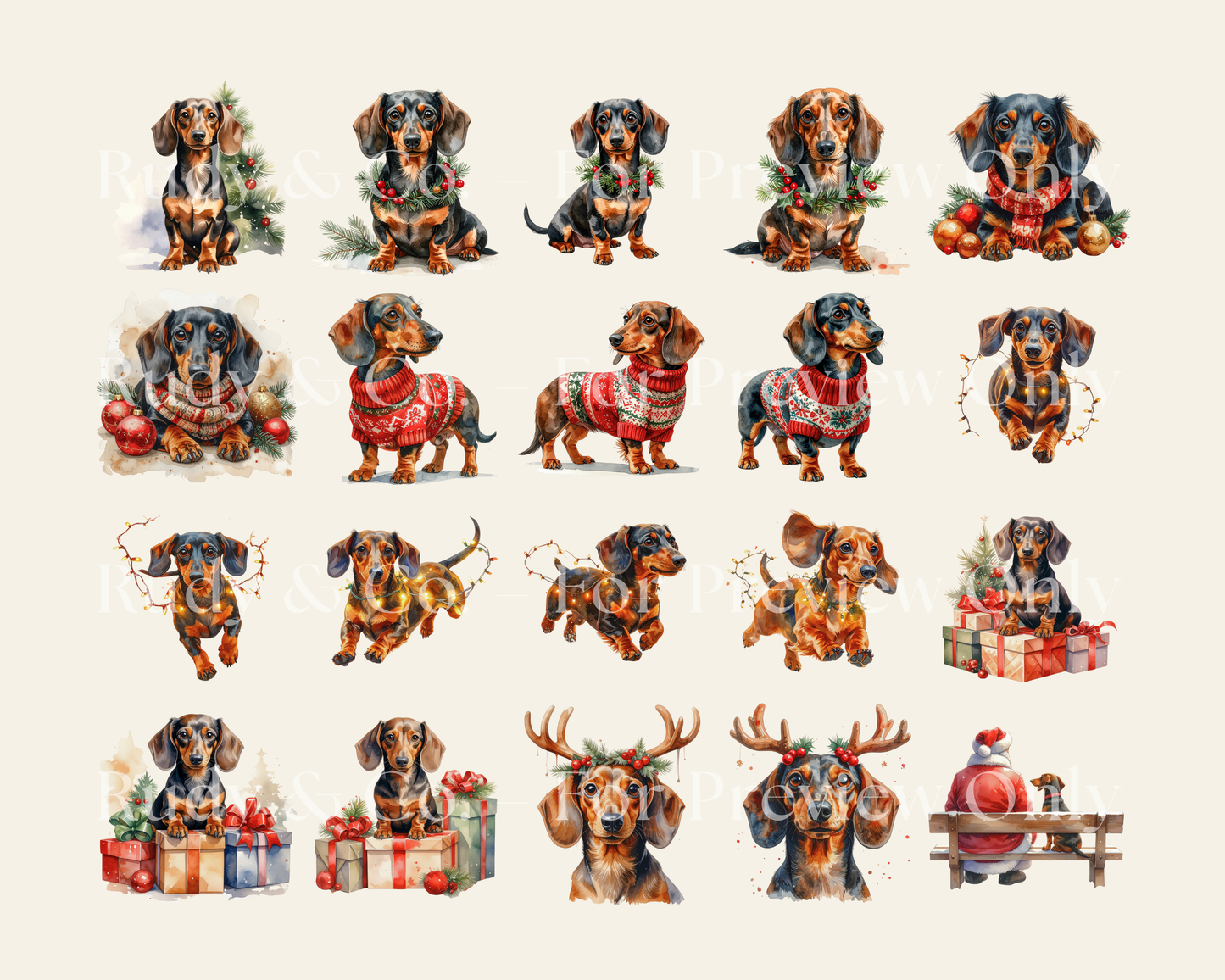 Christmas Dachshund Mega Clipart Bundle – 50 Watercolour PNGs (Instant Download)