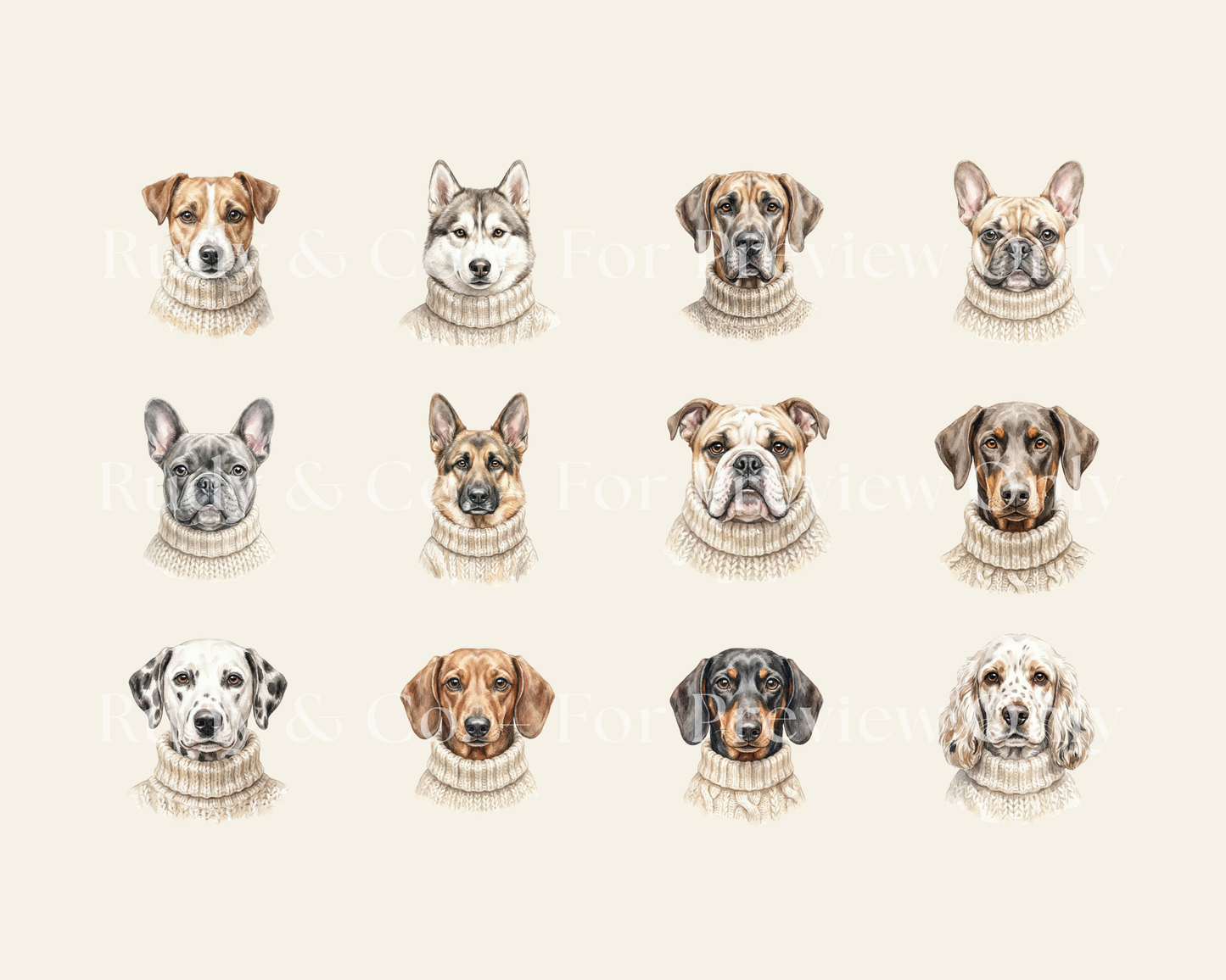 Cozy Dogs Portrait Collection Clip Art - 34 PNGs