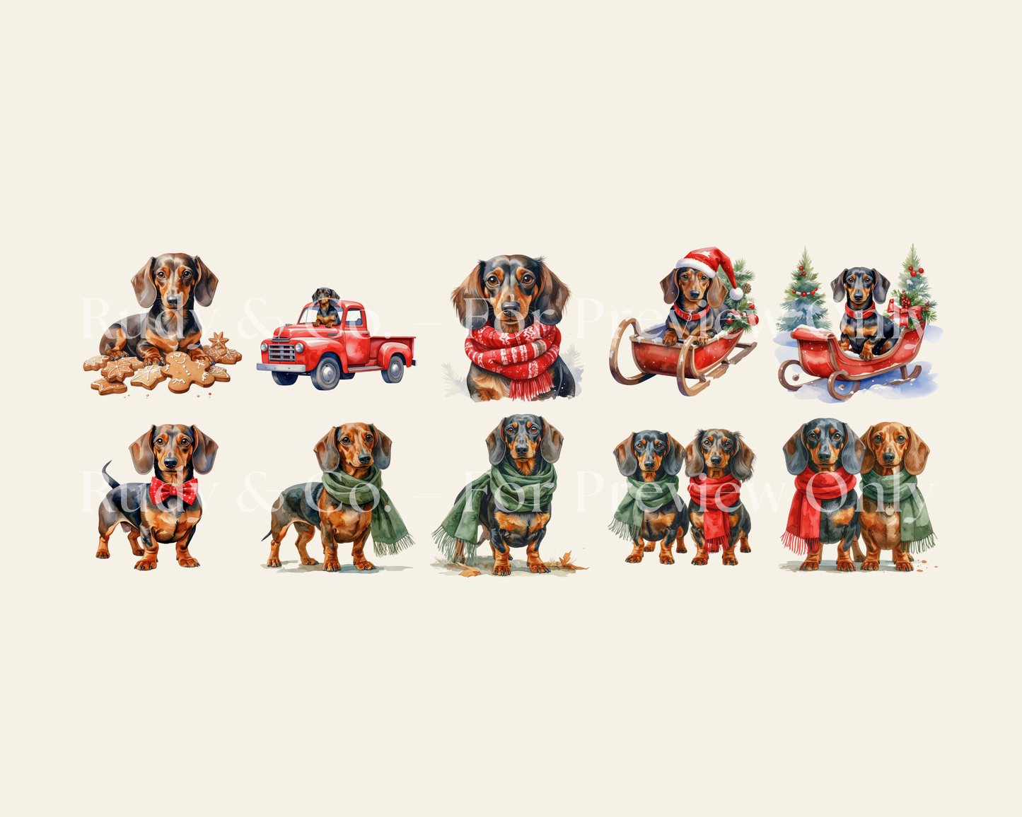 Christmas Dachshund Mega Clipart Bundle – 50 Watercolour PNGs (Instant Download)