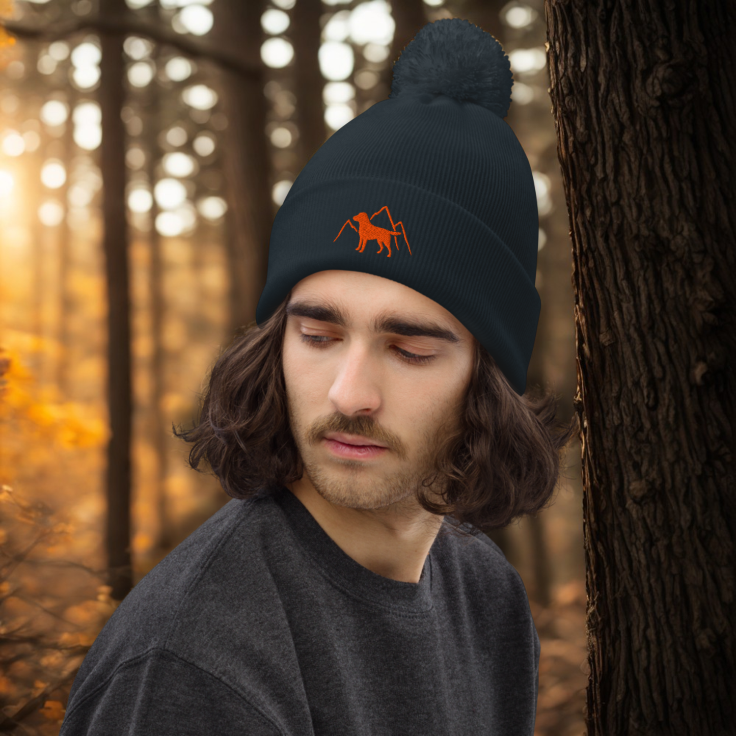 Rudy & Co. Signature Pom Pom Beanie – Orange Embroidery