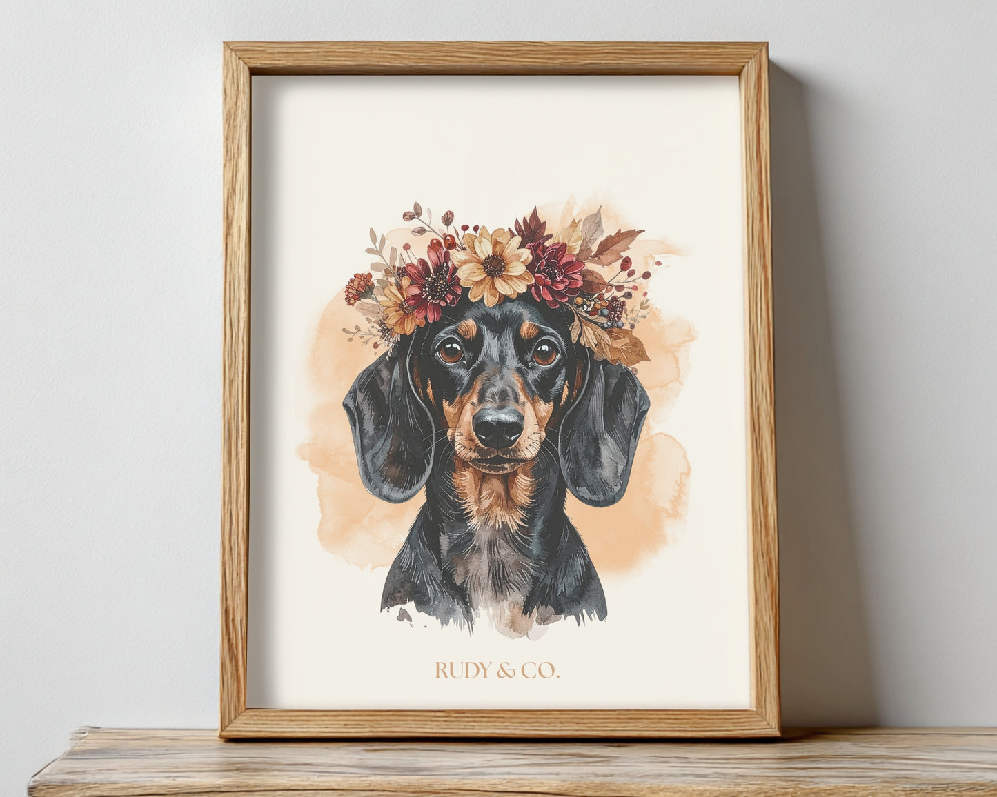Autumn Flower Crown Dachshund Digital Wall Art Print | Fall Dog Portrait | Cozy Rustic Pet Décor | Dog Lover Gift | Rudy & Co.
