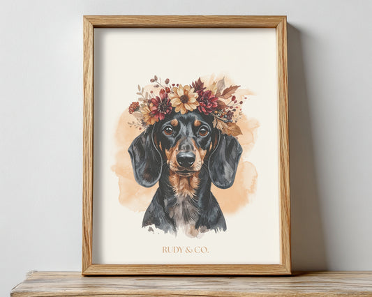Autumn Flower Crown Dachshund Digital Wall Art Print | Fall Dog Portrait | Cozy Rustic Pet Décor | Dog Lover Gift | Rudy & Co.