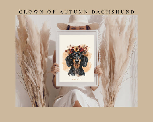 Autumn Flower Crown Dachshund Digital Wall Art Print | Fall Dog Portrait | Cozy Rustic Pet Décor | Dog Lover Gift | Rudy & Co.