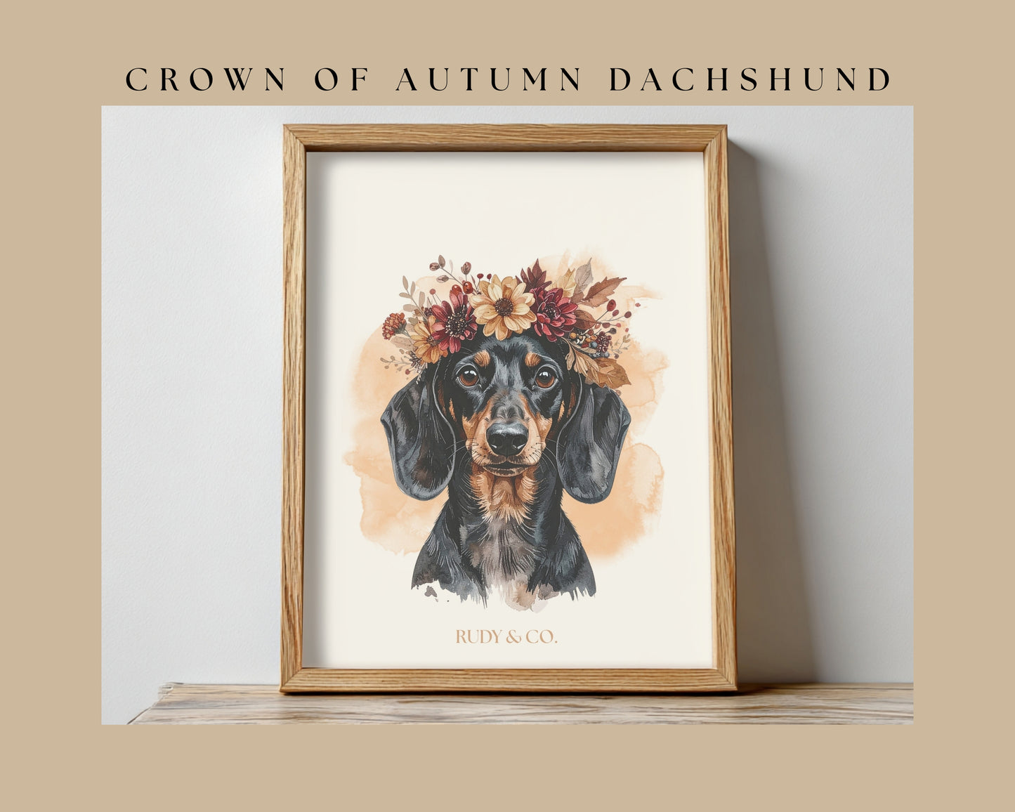 Autumn Flower Crown Dachshund Digital Wall Art Print | Fall Dog Portrait | Cozy Rustic Pet Décor | Dog Lover Gift | Rudy & Co.